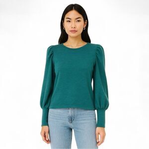Leith Teal Puff Sleeve Crewneck Sweater XS